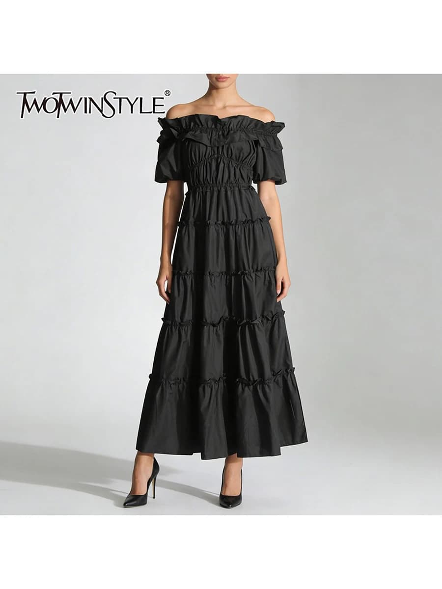 TWOTWINSTYLE Black Spliced Shirring Casual Long Dresses for Women Slash Neck Short Sleeves High Waist Basics Dress Female New