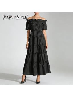 TWOTWINSTYLE Black Spliced Shirring Casual Long Dresses for Women Slash Neck Short Sleeves High Waist Basics Dress Female New