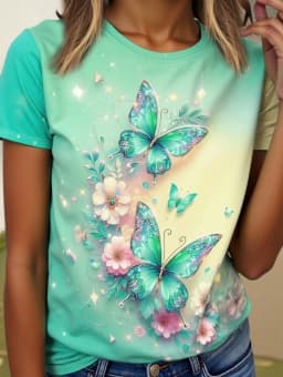 2026 New Summer Women's Round Neck 3D Printed T-Shirt Butterfly Graphics Fashion Short Sleeve Top Streetwear Tees Women Clothing