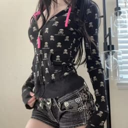 Gothic Skeleton Print Cardigan Contrast Hooded Sweatshirt Punk Jacket Women Autumn Y2k New Slim Fit Zip Hoodie Kawaii Clothes