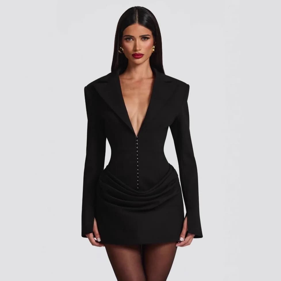Suninheart Strong Shoulder Blazer Dress for Women Winter Belted Waist Dress Draped Hem Business Evening Dress Party 2025 New