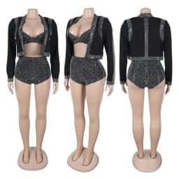 Sparkly Diamonds 3 Piece Short Sets Woman Outfits Rhinestones Luxury Birthday Cropped Jacket Top and Bra and Shorts Set Clubwear