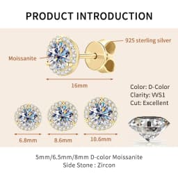 Lnngy Sparkling 5MM 6.5MM 8MM Certified Moissanite Earrings 925 Sterling Silver Round Stud Earring 2025 New Women Jewelry Gift
