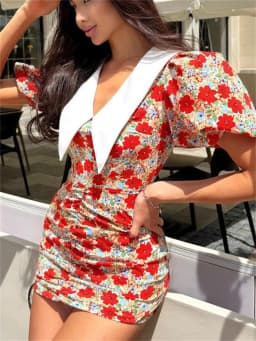 Mini Dress For Women Summer Printed Fashion Short Sleeve Contrast V-Neck Elegant Dress Female Bodycon Dress New