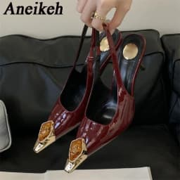 Aneikeh Street Style Design Metal Square Head Diamonds Woman Pumps Sandals Elegant Sexy Low-heel Banquet Prom Slingbacks Shoes
