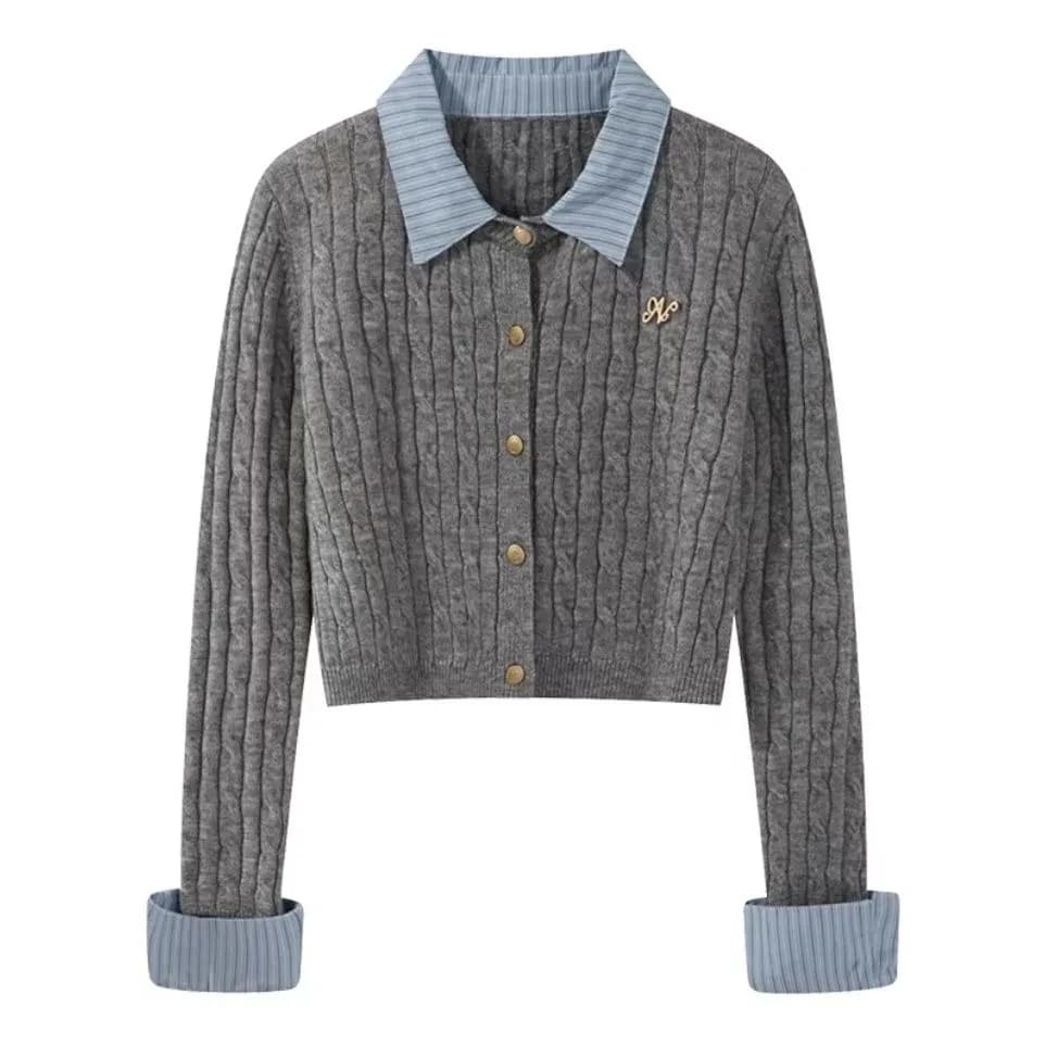 Grey Fake Two-Piece Spliced Polo Collar Long Sleeved Knitted Sweater for Women Autumn Winter College Style Short Outwear Top