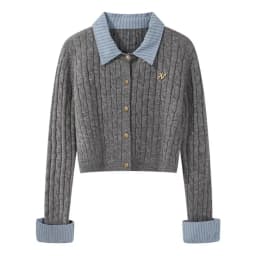 Grey Fake Two-Piece Spliced Polo Collar Long Sleeved Knitted Sweater for Women Autumn Winter College Style Short Outwear Top