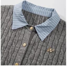 Grey Fake Two-Piece Spliced Polo Collar Long Sleeved Knitted Sweater for Women Autumn Winter College Style Short Outwear Top
