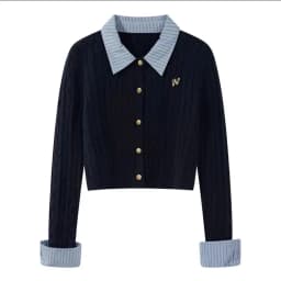 Grey Fake Two-Piece Spliced Polo Collar Long Sleeved Knitted Sweater for Women Autumn Winter College Style Short Outwear Top