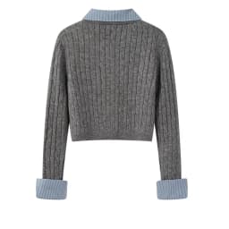 Grey Fake Two-Piece Spliced Polo Collar Long Sleeved Knitted Sweater for Women Autumn Winter College Style Short Outwear Top