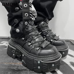 GMQM 2025 Women Flat Platform Ankle Boots Rock Punk Style Black High Heel Sneakers Round Toe Thick Sole Booties Metal Decor Y2k
