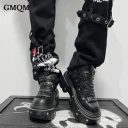GMQM 2025 Women Flat Platform Ankle Boots Rock Punk Style Black High Heel Sneakers Round Toe Thick Sole Booties Metal Decor Y2k