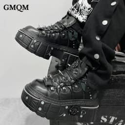 GMQM 2025 Women Flat Platform Ankle Boots Rock Punk Style Black High Heel Sneakers Round Toe Thick Sole Booties Metal Decor Y2k