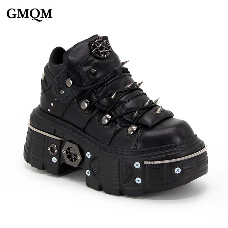 GMQM 2025 Women Flat Platform Ankle Boots Rock Punk Style Black High Heel Sneakers Round Toe Thick Sole Booties Metal Decor Y2k