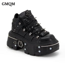 GMQM 2025 Women Flat Platform Ankle Boots Rock Punk Style Black High Heel Sneakers Round Toe Thick Sole Booties Metal Decor Y2k