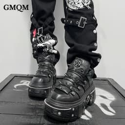 GMQM 2025 Women Flat Platform Ankle Boots Rock Punk Style Black High Heel Sneakers Round Toe Thick Sole Booties Metal Decor Y2k