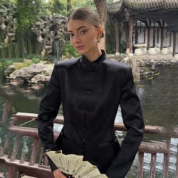 PUAL 2025 New Chinese Style Blazer | Mandarin Collar Frog Closure Jacket | Structured Shoulder Satin Blazer | Elegant Vintage