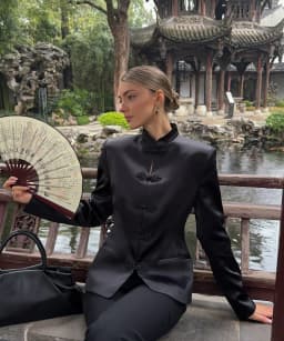 PUAL 2025 New Chinese Style Blazer | Mandarin Collar Frog Closure Jacket | Structured Shoulder Satin Blazer | Elegant Vintage