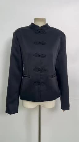 PUAL 2025 New Chinese Style Blazer | Mandarin Collar Frog Closure Jacket | Structured Shoulder Satin Blazer | Elegant Vintage