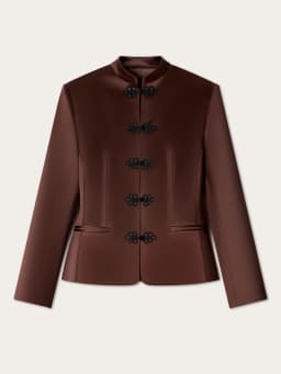 PUAL 2025 New Chinese Style Blazer | Mandarin Collar Frog Closure Jacket | Structured Shoulder Satin Blazer | Elegant Vintage
