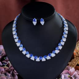 ThreeGraces Luxury Unique Shiny Synthetic Tanzanite and Zirconia Triangle Shape Bridal Wedding Party Jewelry Set for Women T1081