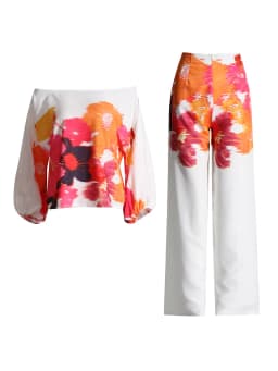 TWOTWINSTYLE Casual Printing Two Piece Sets For Women Slash Neck Lantern Sleeve Tops High Waist Pant Loose Set Female Fashion