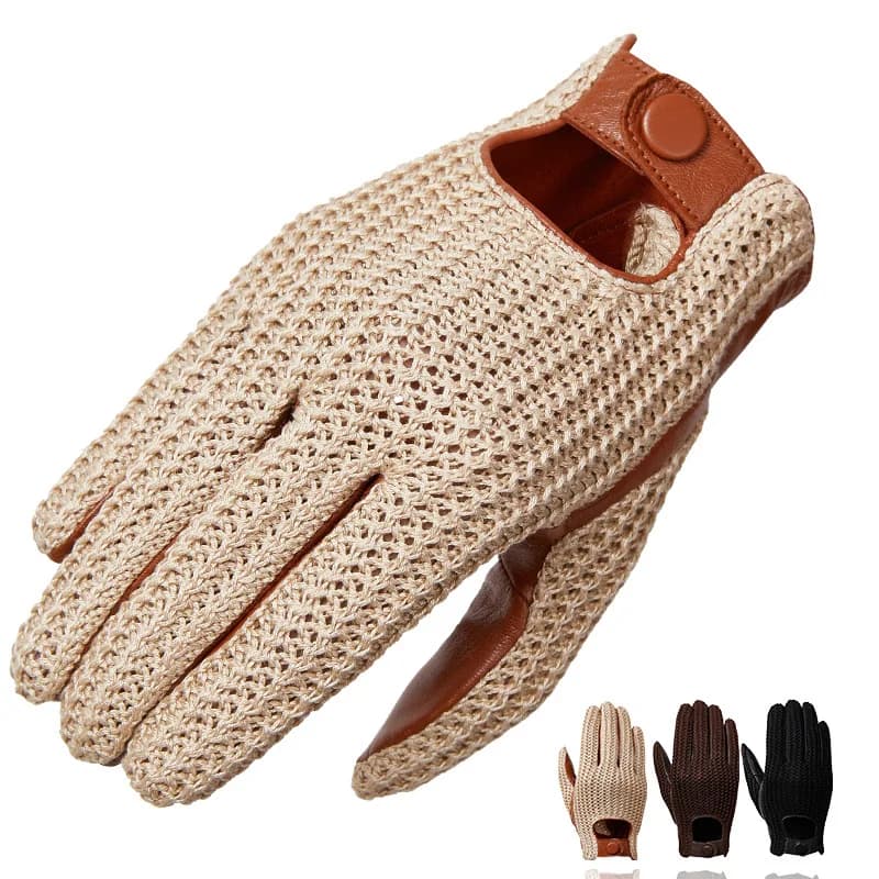 Men's Classic Real Leather Retro Unlined Driving Knitted Sports Riding Equestrianism Touch Screen Short Gloves