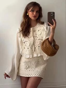 HH Female Summer Fashion Elegant Long Sleeve Lace Up Stitching Hollow Shirt+Temperament High Waist Mini A-line Skirt Suit