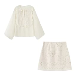 HH Female Summer Fashion Elegant Long Sleeve Lace Up Stitching Hollow Shirt+Temperament High Waist Mini A-line Skirt Suit