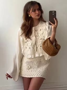 HH Female Summer Fashion Elegant Long Sleeve Lace Up Stitching Hollow Shirt+Temperament High Waist Mini A-line Skirt Suit