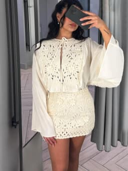 HH Female Summer Fashion Elegant Long Sleeve Lace Up Stitching Hollow Shirt+Temperament High Waist Mini A-line Skirt Suit