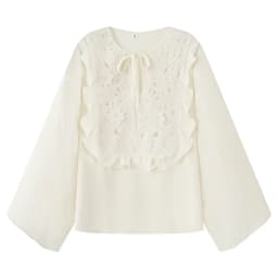 HH Female Summer Fashion Elegant Long Sleeve Lace Up Stitching Hollow Shirt+Temperament High Waist Mini A-line Skirt Suit