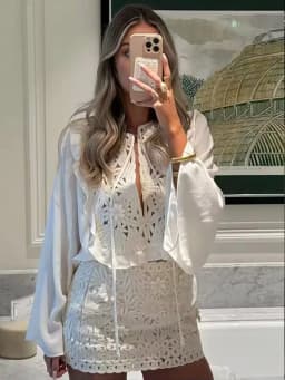 HH Female Summer Fashion Elegant Long Sleeve Lace Up Stitching Hollow Shirt+Temperament High Waist Mini A-line Skirt Suit