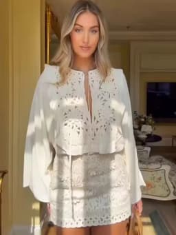 HH Female Summer Fashion Elegant Long Sleeve Lace Up Stitching Hollow Shirt+Temperament High Waist Mini A-line Skirt Suit