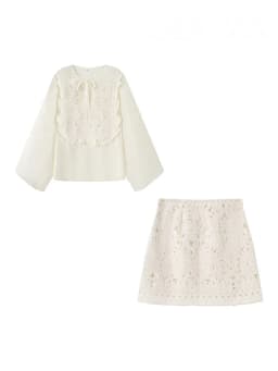 HH Female Summer Fashion Elegant Long Sleeve Lace Up Stitching Hollow Shirt+Temperament High Waist Mini A-line Skirt Suit