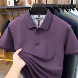 2026 Summer New Men's 100% Mercerized Cotton Short Sleeve Polo Shirt Premium Casual Business Breathable Tops with Striped Detail
