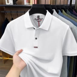 2026 Summer New Men's 100% Mercerized Cotton Short Sleeve Polo Shirt Premium Casual Business Breathable Tops with Striped Detail