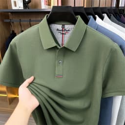 2026 Summer New Men's 100% Mercerized Cotton Short Sleeve Polo Shirt Premium Casual Business Breathable Tops with Striped Detail
