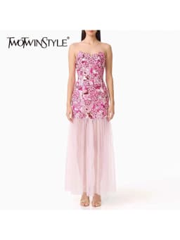 TWOTWINSTYLE Colorblock Slimming Spliced Hollow Out Dress for Women Strapless Sleeveless Patchwork Mesh Midi Dresses Female New