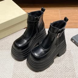 New Women Fur Ankle Boots Thick Sole Leather Combat Motorcycle Boot Autumn Winter Warm Plush High Platform Snow Shoes Woman 10CM