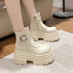 New Women Fur Ankle Boots Thick Sole Leather Combat Motorcycle Boot Autumn Winter Warm Plush High Platform Snow Shoes Woman 10CM