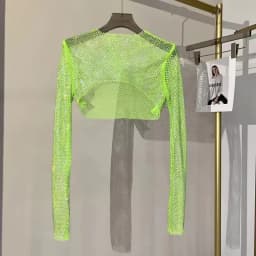 2025 New Summer Sexy Bright Diamond Short Thin Tops Slim Hot Drill Long-sleeved T-shirt Sexy Leak Waist Blouse