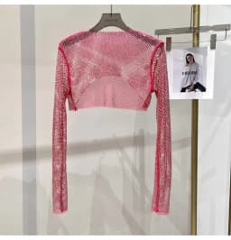 2025 New Summer Sexy Bright Diamond Short Thin Tops Slim Hot Drill Long-sleeved T-shirt Sexy Leak Waist Blouse