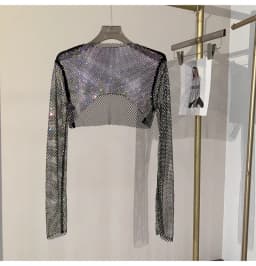 2025 New Summer Sexy Bright Diamond Short Thin Tops Slim Hot Drill Long-sleeved T-shirt Sexy Leak Waist Blouse