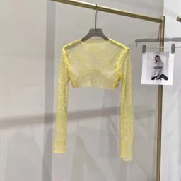 2025 New Summer Sexy Bright Diamond Short Thin Tops Slim Hot Drill Long-sleeved T-shirt Sexy Leak Waist Blouse