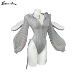 KORURACLUB Gray knitted long-sleeved Jumpsuit sweater pink Bunny girl Cute Plush rabbit tail
