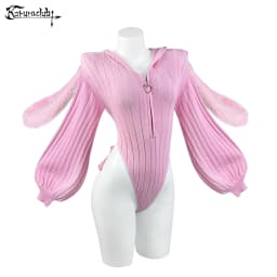 KORURACLUB Gray knitted long-sleeved Jumpsuit sweater pink Bunny girl Cute Plush rabbit tail
