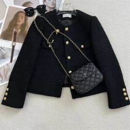 Black Small Fragrant Style Short Jacket Women's Top 2026 Autumn Winter New Round Neck Thick Coarse Tweed Coat Female Outwear