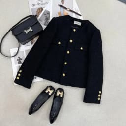Black Small Fragrant Style Short Jacket Women's Top 2026 Autumn Winter New Round Neck Thick Coarse Tweed Coat Female Outwear