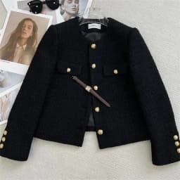 Black Small Fragrant Style Short Jacket Women's Top 2026 Autumn Winter New Round Neck Thick Coarse Tweed Coat Female Outwear